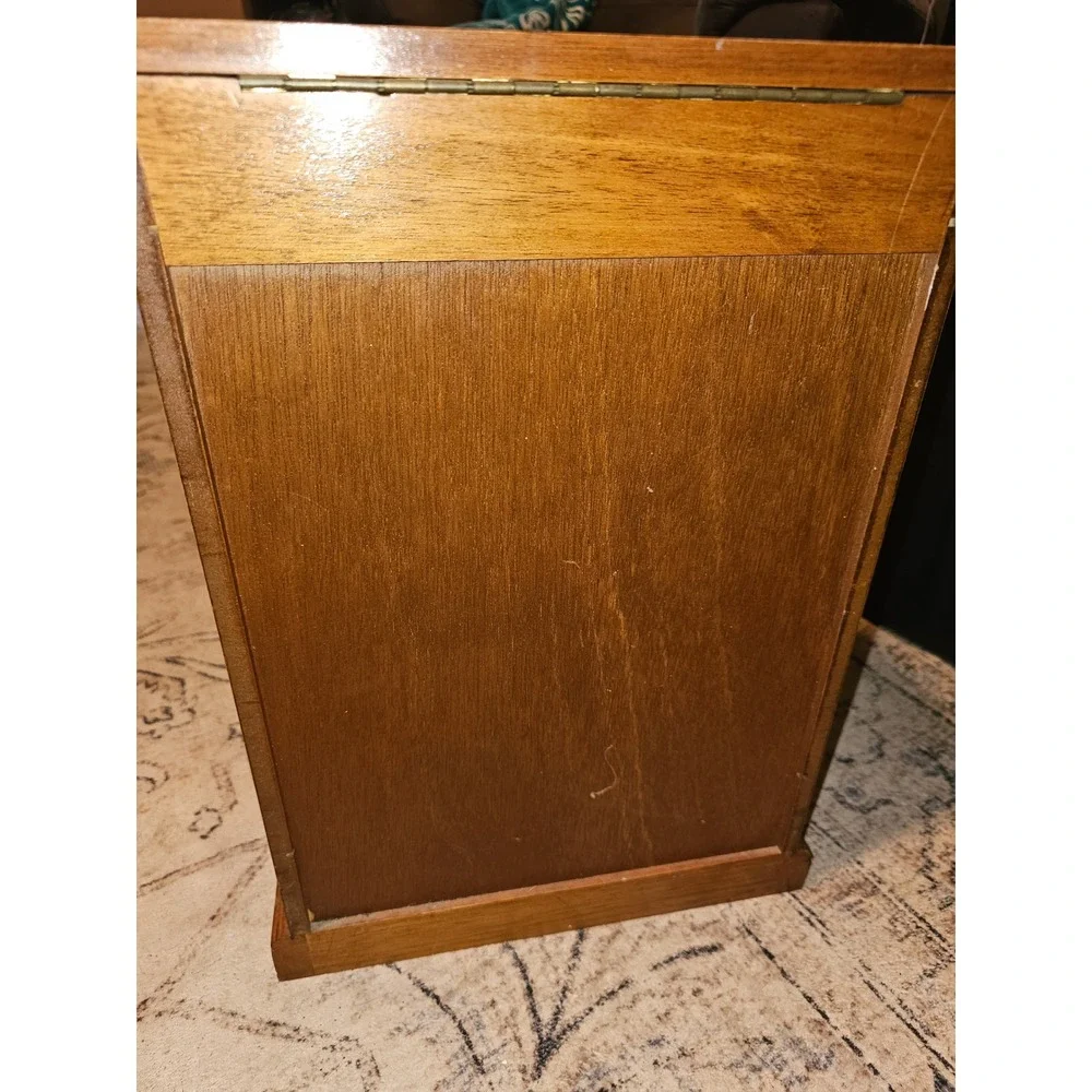 Vintage Wood Jewelry Armoire Etched Glass Floral Doors Red Velvet Lining Mirror